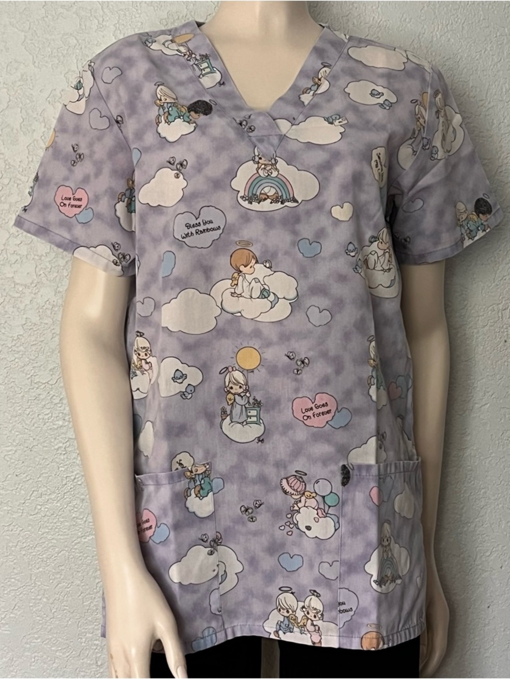 Vintage Precious Moments Scrub Top Angels Clouds Nurse V Neck USA Sz Sm/Med